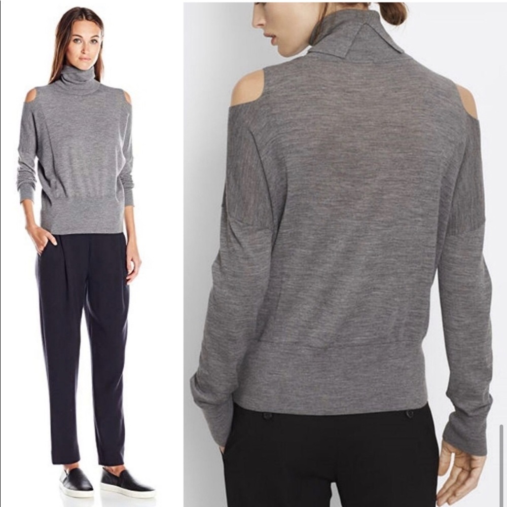 Vince Split Shoulder 100% Merino Wool Turtleneck Sweater Gray Cutout Lightweight